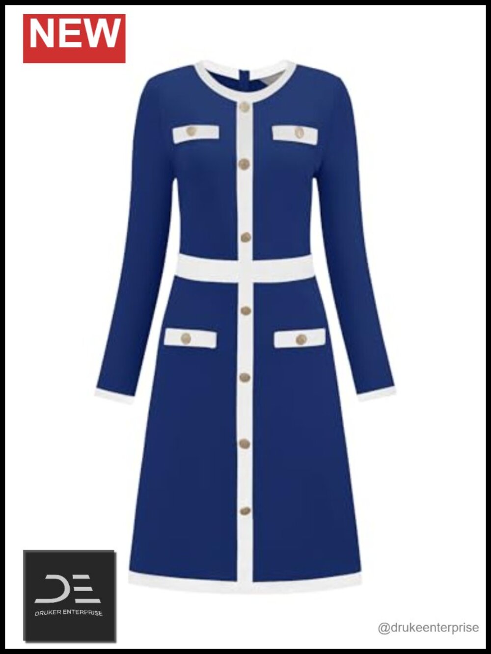 Hobemty Women Work A-Line Long Sleeve Contrast Color Dress